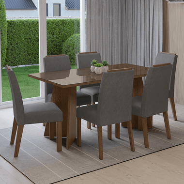 Juego de Comedor Madrid con 6 Sillas - Tablero de Madera y Cristal Marrón/Plateado