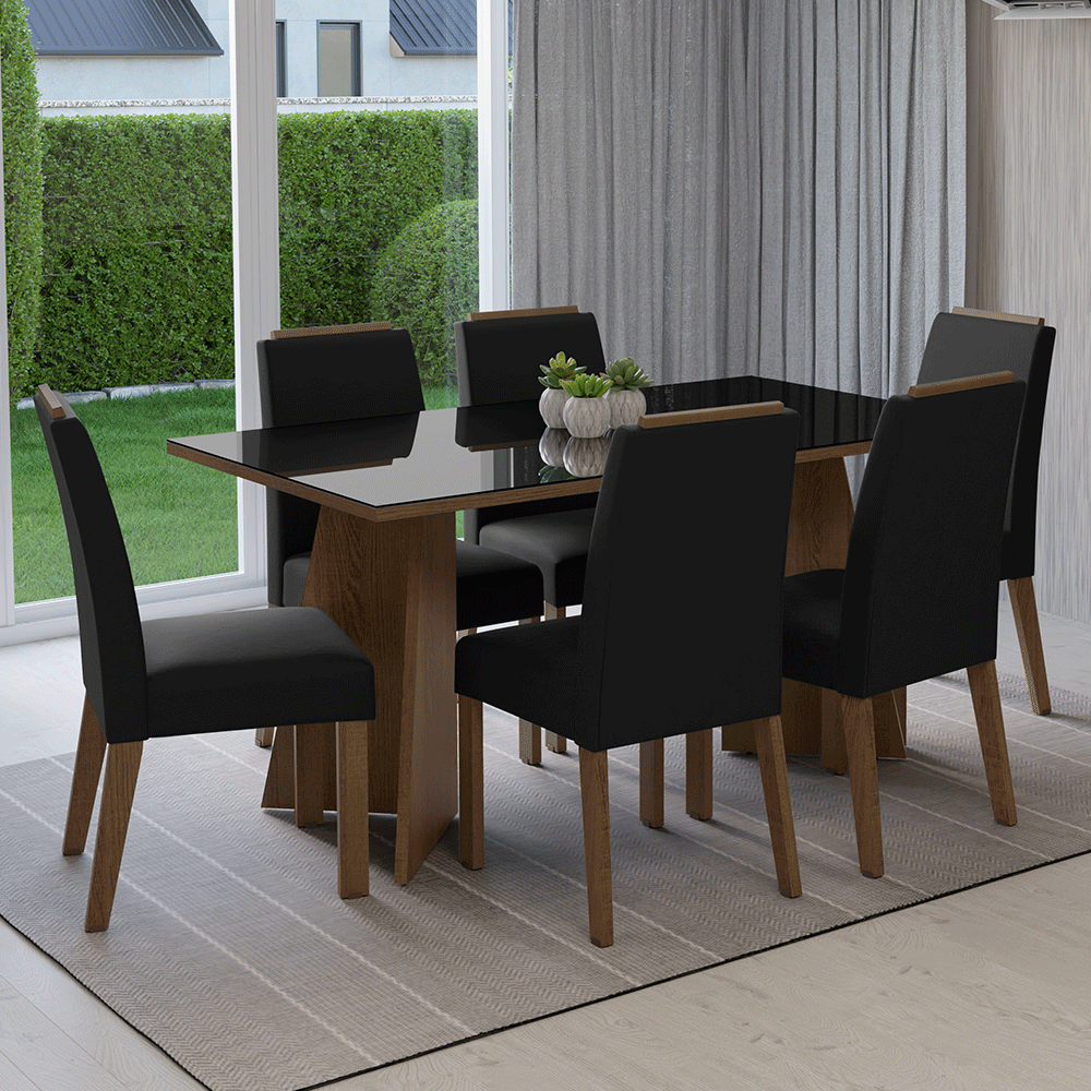 Juego de Comedor Madrid con 6 Sillas - Tablero de Madera y Cristal Marrón/Negro/Oxford
