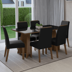Juego de Comedor Madrid con 6 Sillas - Tablero de Madera y Cristal Marrón/Negro/Oxford