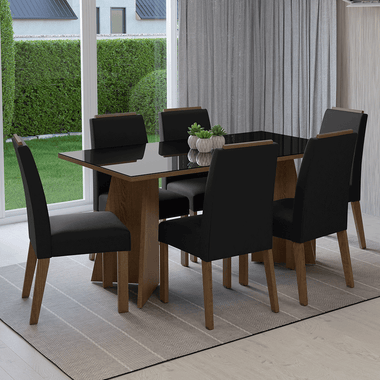 Juego de Comedor Madrid con 6 Sillas - Tablero de Madera y Cristal Marrón/Negro/Oxford