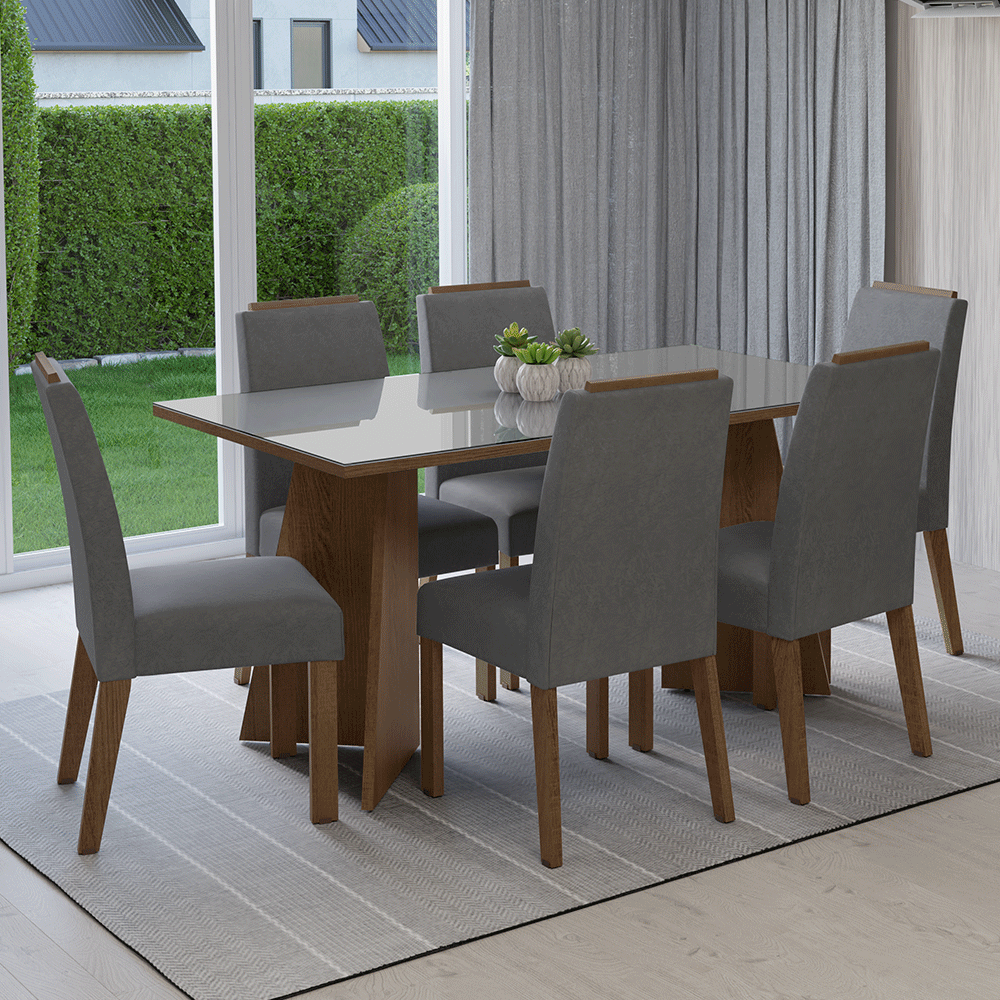 Juego de Comedor Madrid con 6 Sillas - Tablero de Madera y Cristal Marrón/Gris/Plateado