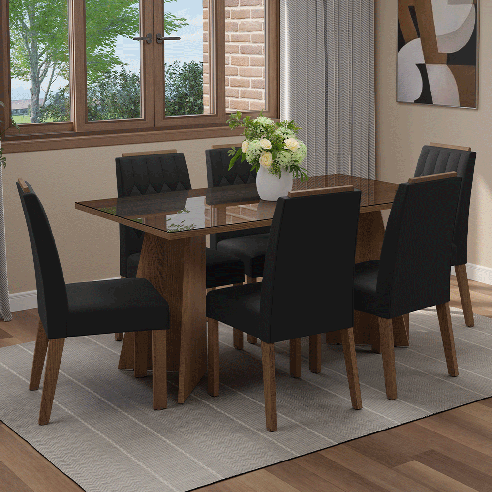 Juego de Comedor Sintra con 6 Sillas - Tablero de Madera y Cristal Marrón/Oxford
