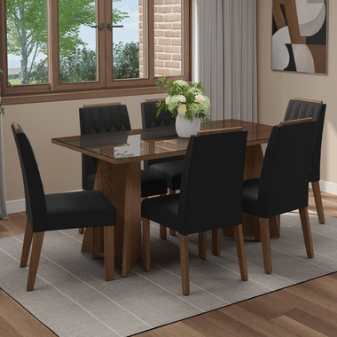 Juego de Comedor Sintra con 6 Sillas - Tablero de Madera y Cristal Marrón/Oxford