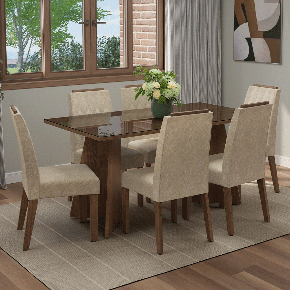 Juego de Comedor Sintra con 6 Sillas - Tablero de Madera y Cristal Marrón/Imperial