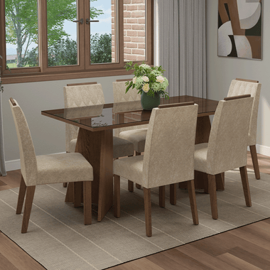 Juego de Comedor Sintra con 6 Sillas - Tablero de Madera y Cristal Marrón/Imperial