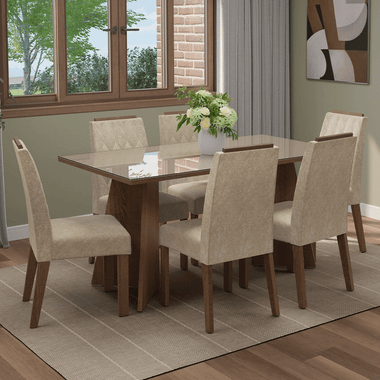 Juego de Comedor Sintra con 6 Sillas - Tablero de Madera y Cristal Marrón/Crema/Imperial