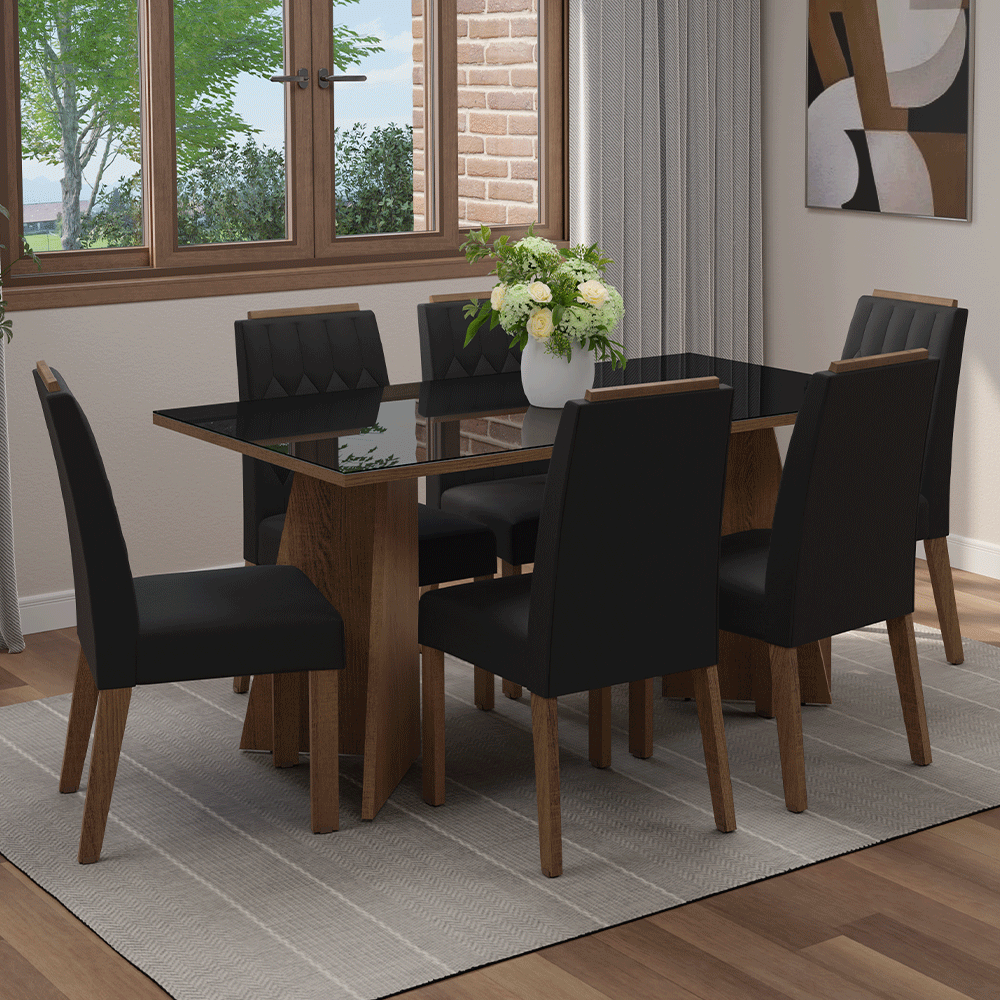 Juego de Comedor Sintra con 6 Sillas - Tablero de Madera y Cristal Marrón/Negro/Oxford