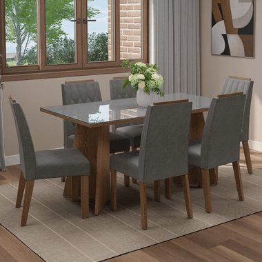 Juego de Comedor Sintra con 6 Sillas - Tablero de Madera y Cristal Marrón/Gris/Plateado