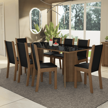 Juego de Comedor Justine con 8 Sillas - Tablero de Madera y Cristal Marrón/Negro