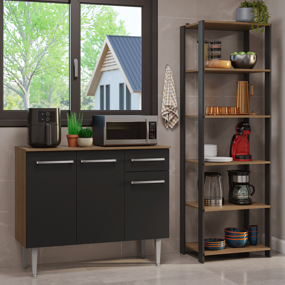 Kit Mueble de Cocina Bajo 1.05 m + Estante Organizador Multiuso 5 Niveles Marrón/Negro