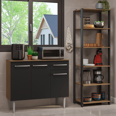 Kit Mueble de Cocina Bajo 1.05 m + Estante Organizador Multiuso 5 Niveles Marrón/Negro