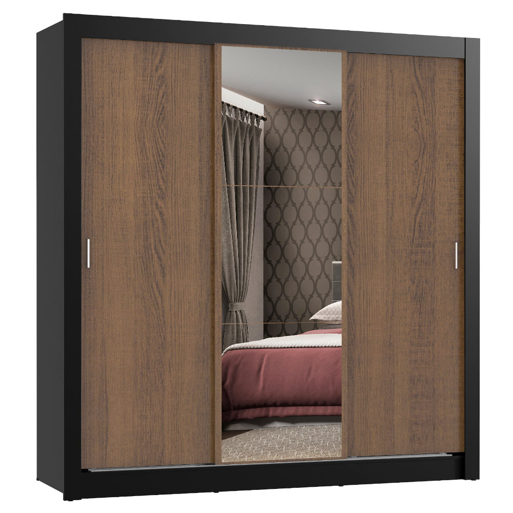 Clóset Monaco 3 Puertas Corredizas 1 Espejo Negro/Marrón 170 cm x 205 cm x 51 cm