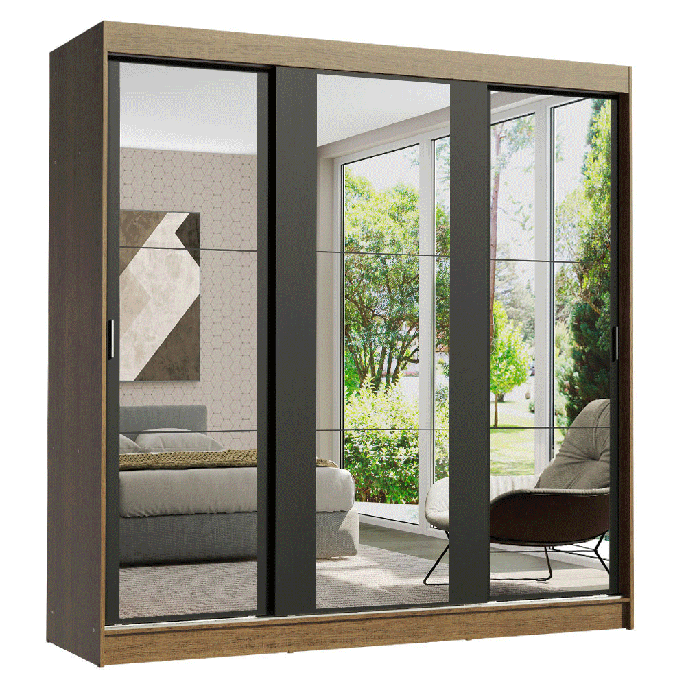 Clóset Reno 3 Puertas Corredizas con Espejos Marrón/Negro 180 cm x 205 cm x 54 cm