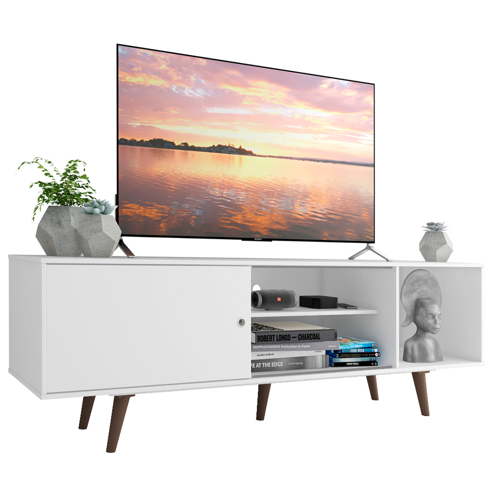 Centro de Entretenimiento Mesa para TV Dubai Hasta 65 Pulgadas Blanco (Patas Marrón)