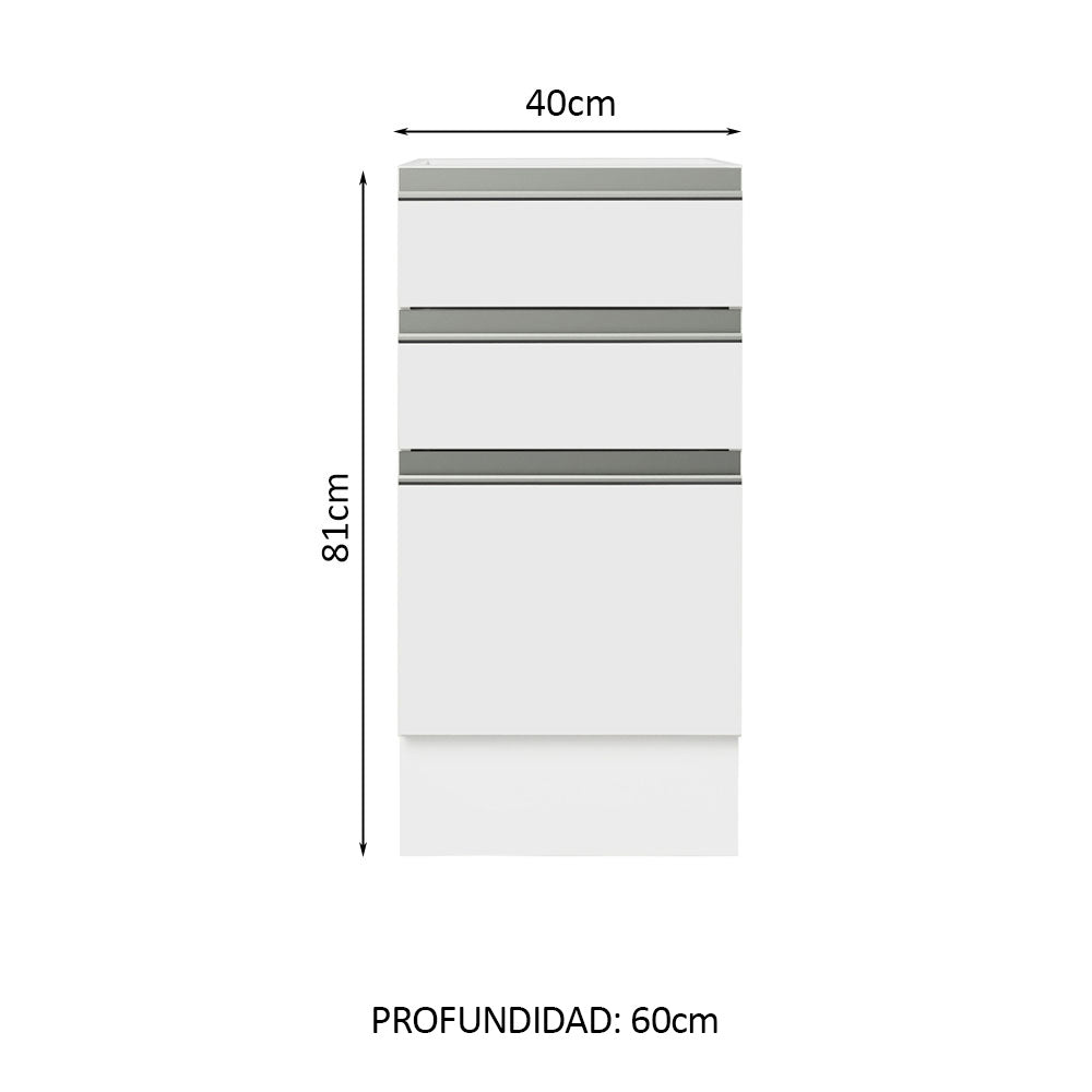 Mueble de Cocina Bajo Glamy 3 Cajones 40 cm x 60 cm sin Encimera Blanco