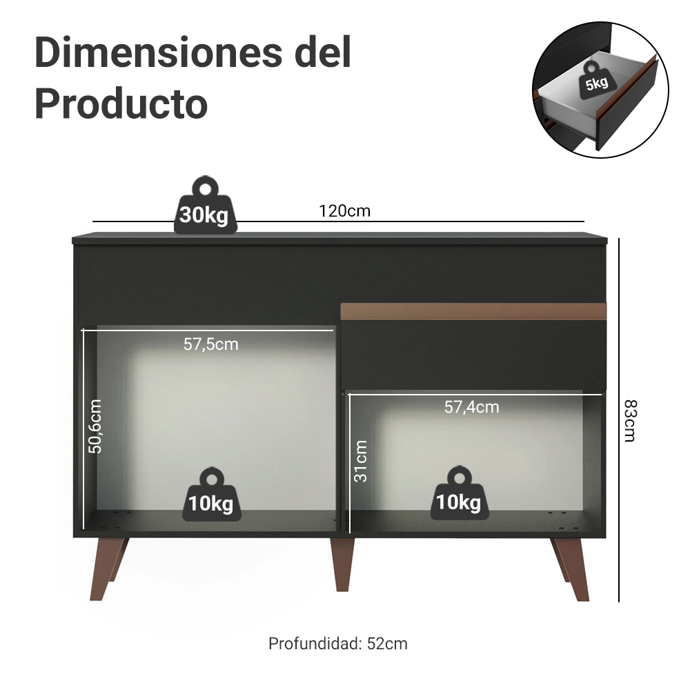 Mueble de Cocina Bajo Reims 1.20 m 2 Puertas 1 Cajón con Encimera Negro