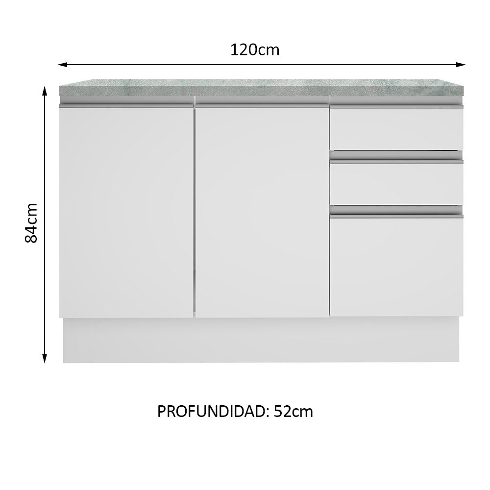 Mueble de Cocina Bajo Glamy 1.20 m 2 Puertas 3 Cajones con Encimera Blanco