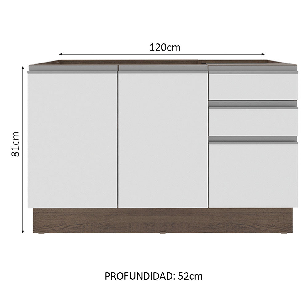 Mueble de Cocina Bajo Glamy 1.20 m 2 Puertas 3 Cajones Marrón/Blanco