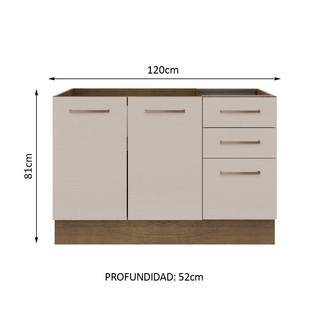 Mueble de Cocina Bajo Agata 1.20 m 2 Puertas 3 Cajones Marrón/Crema