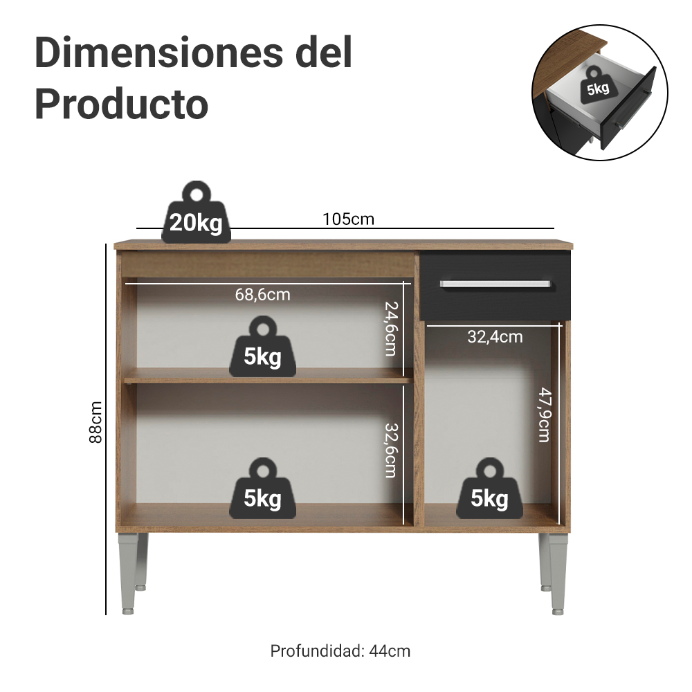 Mueble de Cocina Emilly 1.05 m 3 Puertas 1 Cajón con Encimera de MDP Marrón/Negro
