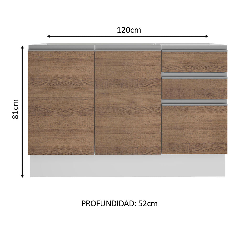 Mueble de Cocina Bajo Glamy 1.20 m 2 Puertas 3 Cajones Blanco/Marrón