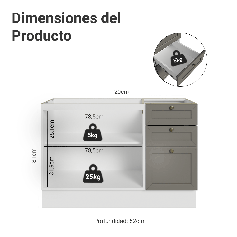 Mueble de Cocina Bajo Vik 1.20 m 2 Puertas 3 Cajones Blanco/Gris