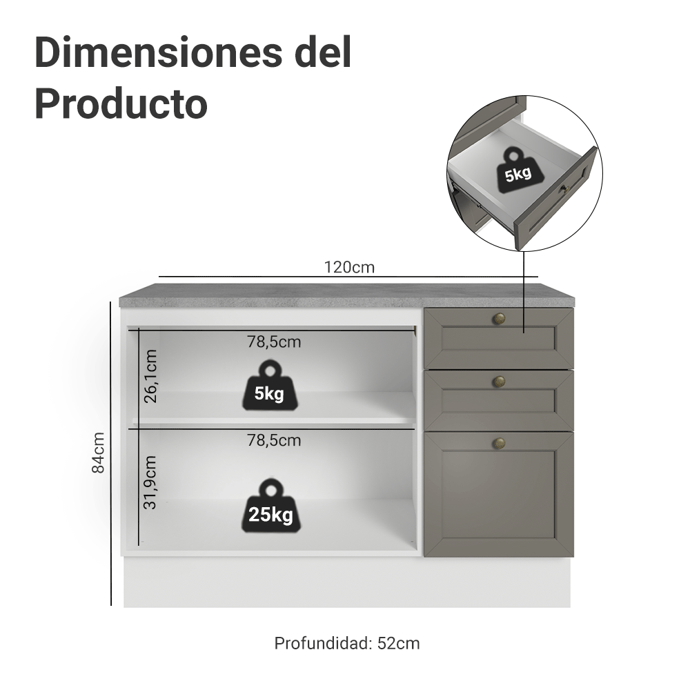 Mueble de Cocina Bajo Vik 1.20 m 2 Puertas 3 Cajones con Encimera Blanco/Gris