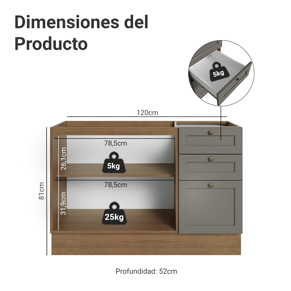 Mueble de Cocina Bajo Vik 1.20 m 2 Puertas 3 Cajones Marrón/Gris