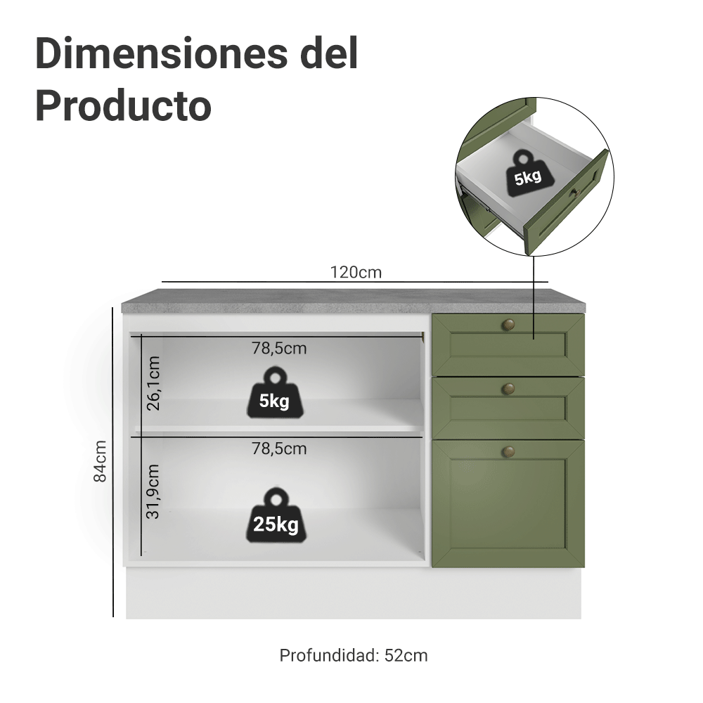 Mueble de Cocina Bajo Vik 1.20 m 2 Puertas 3 Cajones con Encimera Blanco/Verde