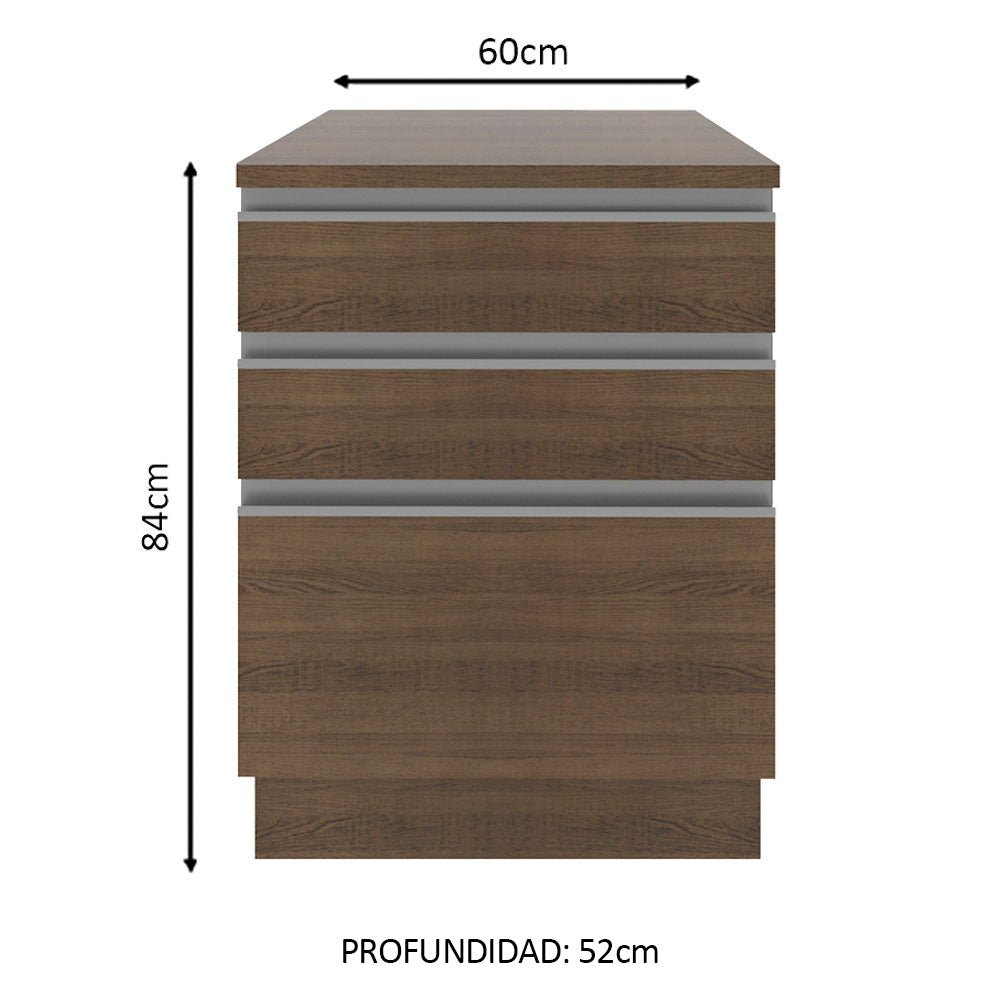 Mueble de Cocina Bajo Glamy 60 cm 3 Cajones Marrón