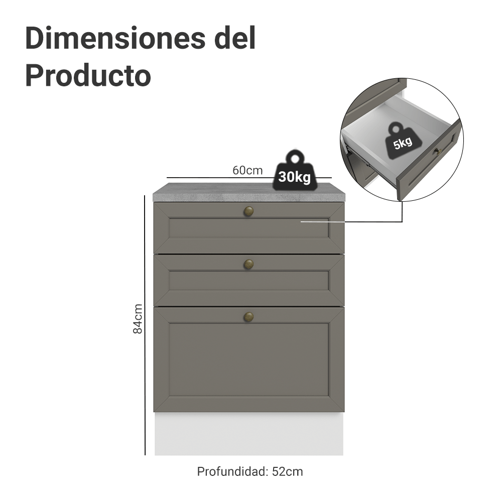 Mueble de Cocina Bajo Vik 60 cm 3 Cajones Blanco/Gris