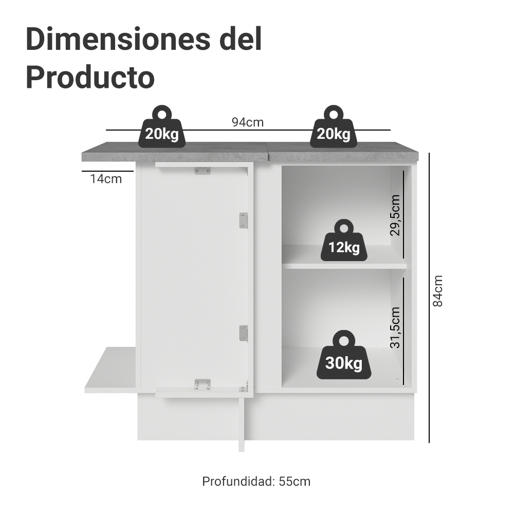 Mueble de Cocina Bajo de Esquina Agata 1 Puerta Blanco/Crema