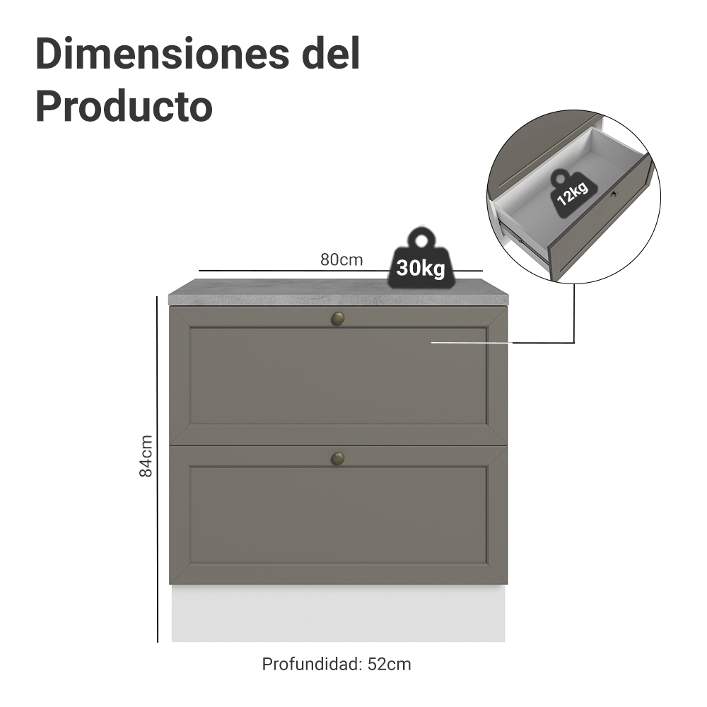 Mueble de Cocina Bajo Vik 80 cm 2 Cajones Blanco/Gris