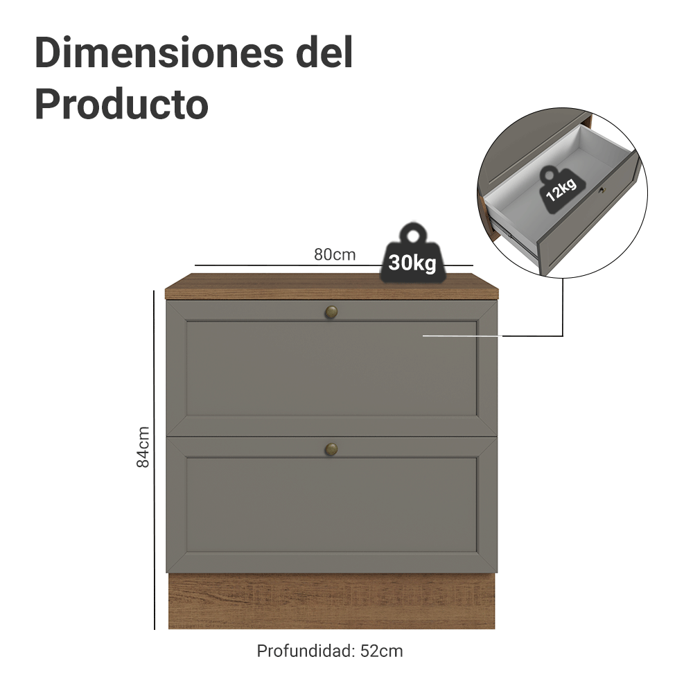 Mueble de Cocina Bajo Vik 80 cm 2 Cajones Marrón/Gris