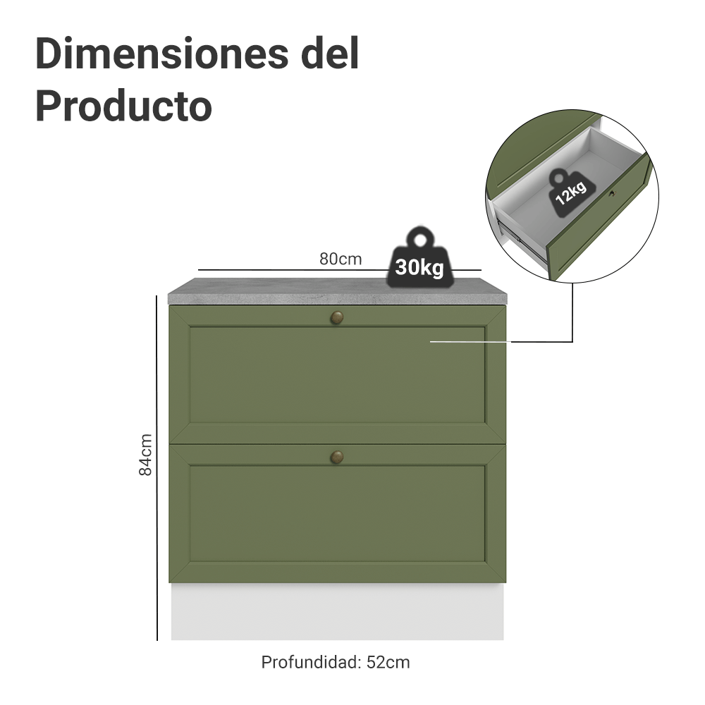 Mueble de Cocina Bajo Vik 80 cm 2 Cajones Blanco/Verde