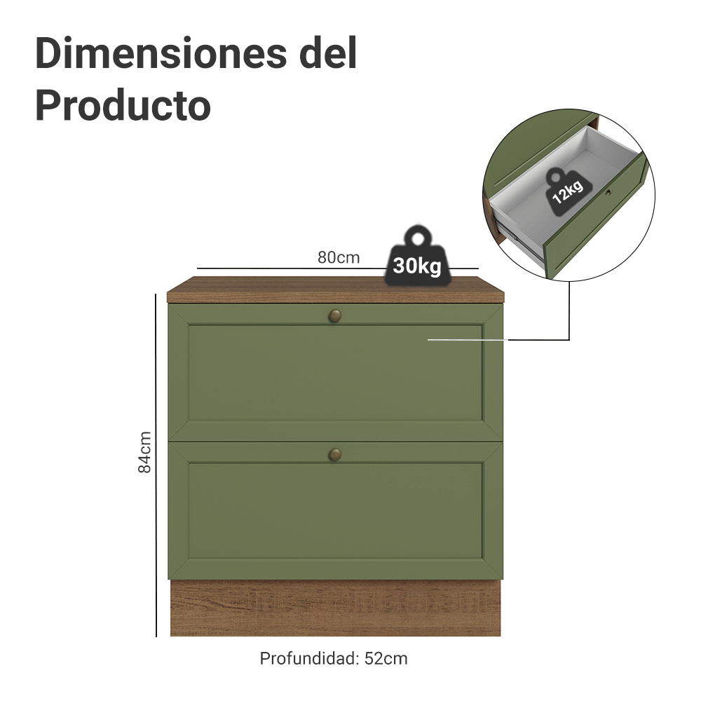 Mueble de Cocina Bajo Vik 80 cm 2 Cajones Marrón/Verde