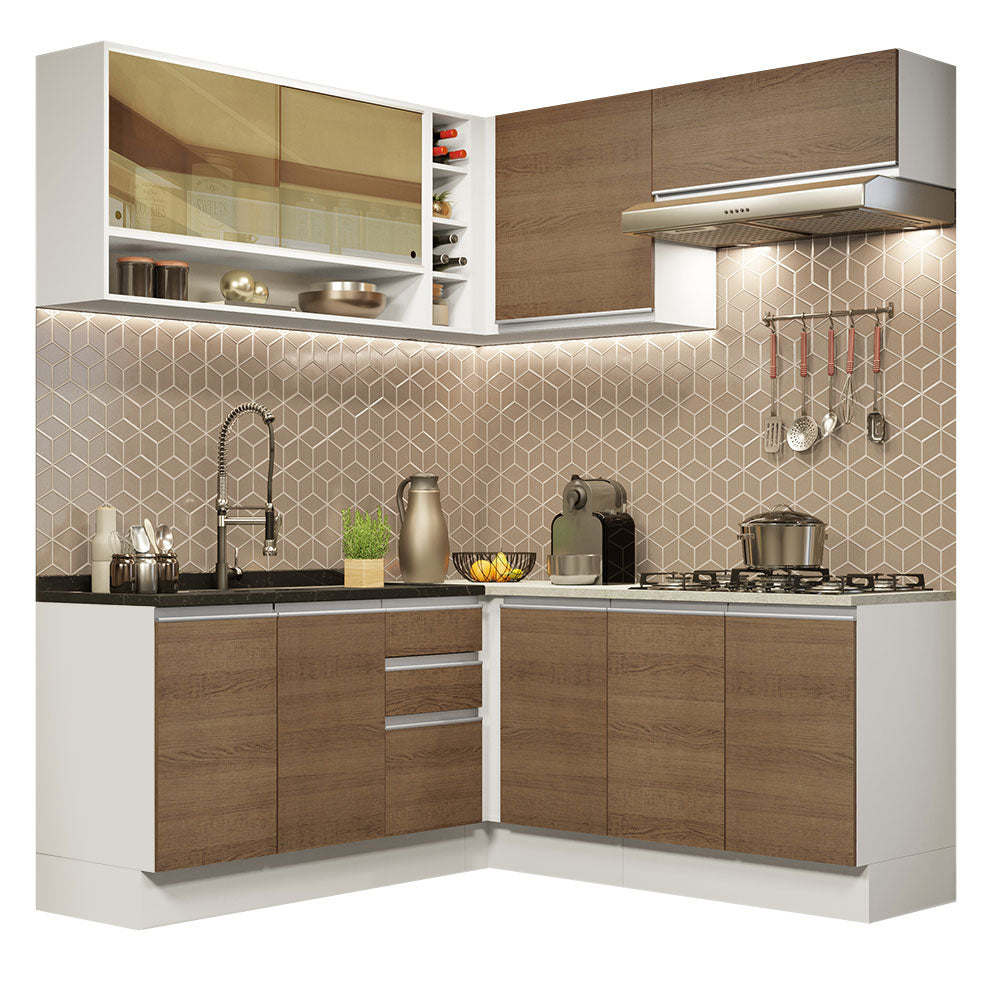 Cocina Integral de Esquina Glamy 3.50 m con Mesón de Acero Blanco/Marrón 02
