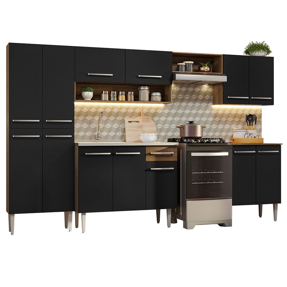 Cocina Integral Emilly 2.90 m con Mesón de Acero Marrón/Negro 08