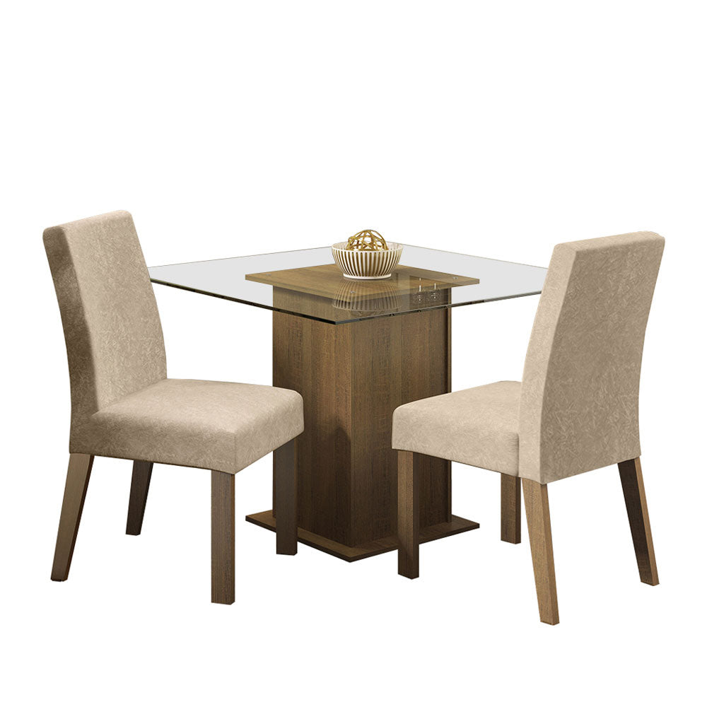 Juego de Comedor Luli con 2 Sillas - Encimera Cuadrada de Cristal Marrón/Imperial