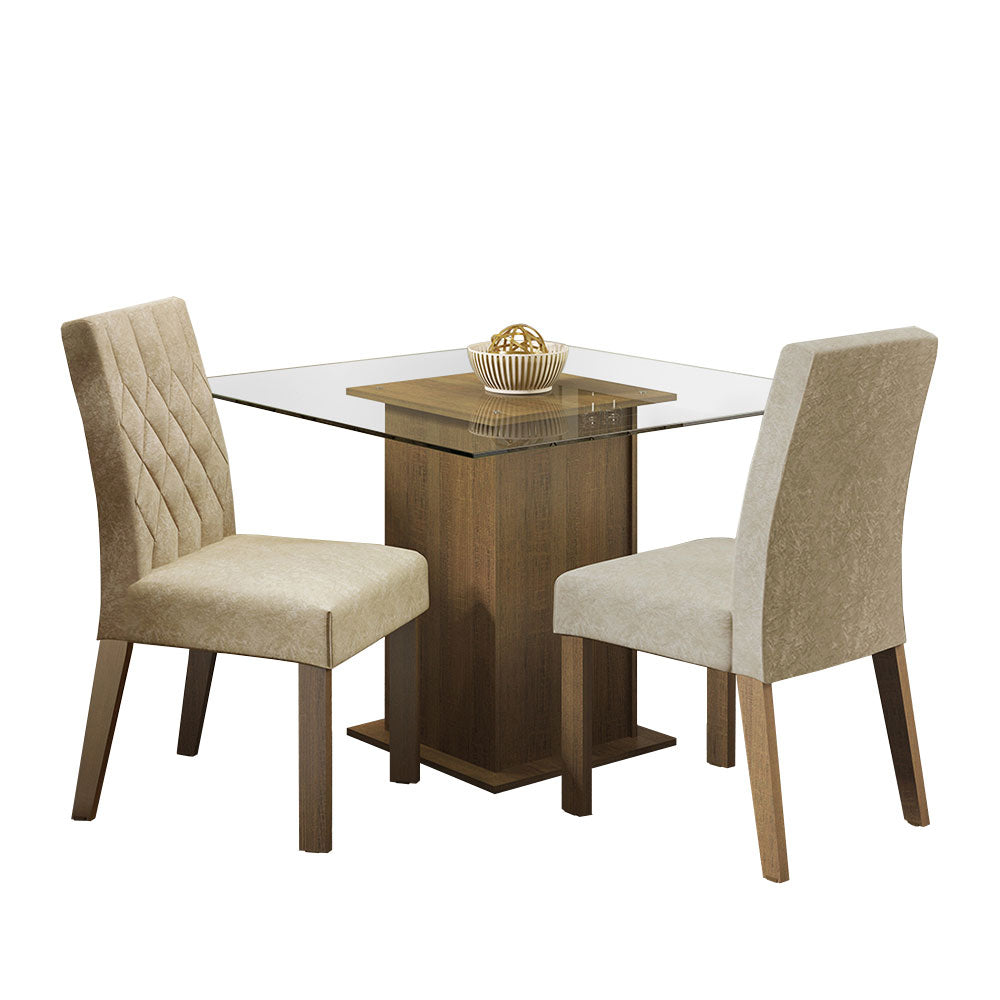 Juego de Comedor Ciça con 2 Sillas - Encimera Cuadrada de Cristal Marrón/Imperial