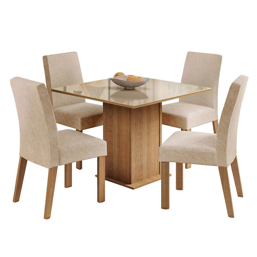 Juego de Comedor Evelin con 4 Sillas - Tablero de Madera y Cristal