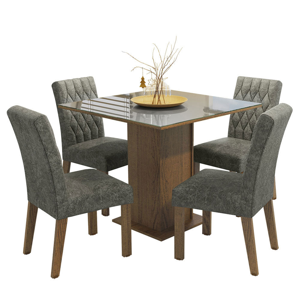 Juego de Comedor Anaju con 4 Sillas - Tablero de Madera y Cubierta de Cristal Marrón/Gris/Plateado