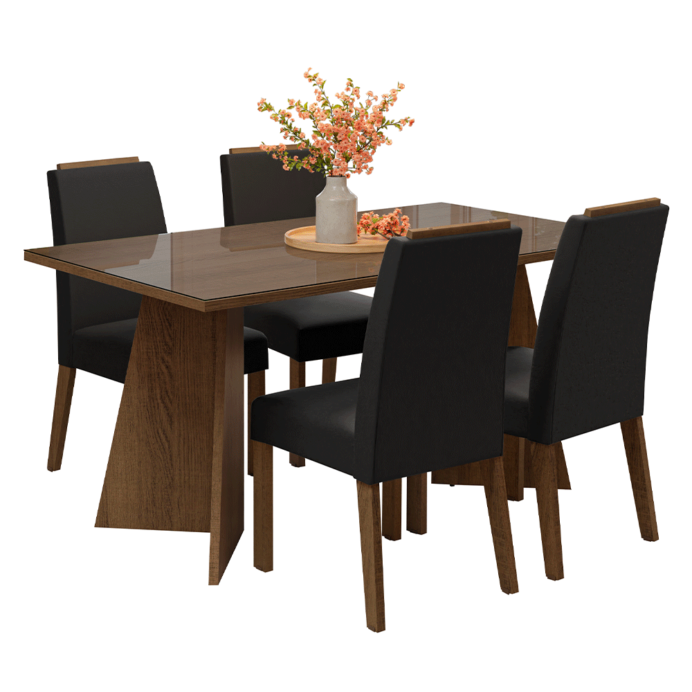 Juego de Comedor Braga con 4 Sillas - Tablero de Madera y Cristal Marrón/Oxford