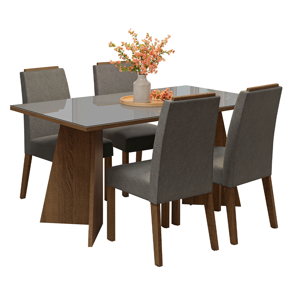 Juego de Comedor Braga con 4 Sillas - Tablero de Madera y Cristal Marrón/Gris/Plateado