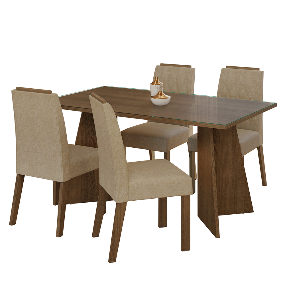 Juego de Comedor Porto con 4 Sillas - Tablero de Madera y Cristal Marrón/Imperial