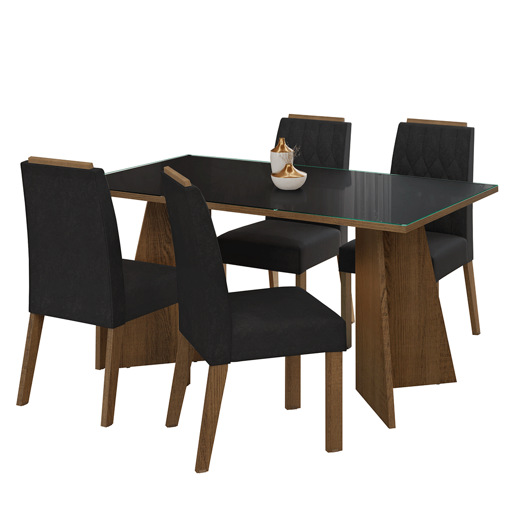 Juego de Comedor Porto con 4 Sillas - Tablero de Madera y Cristal Marrón/Negro/Oxford