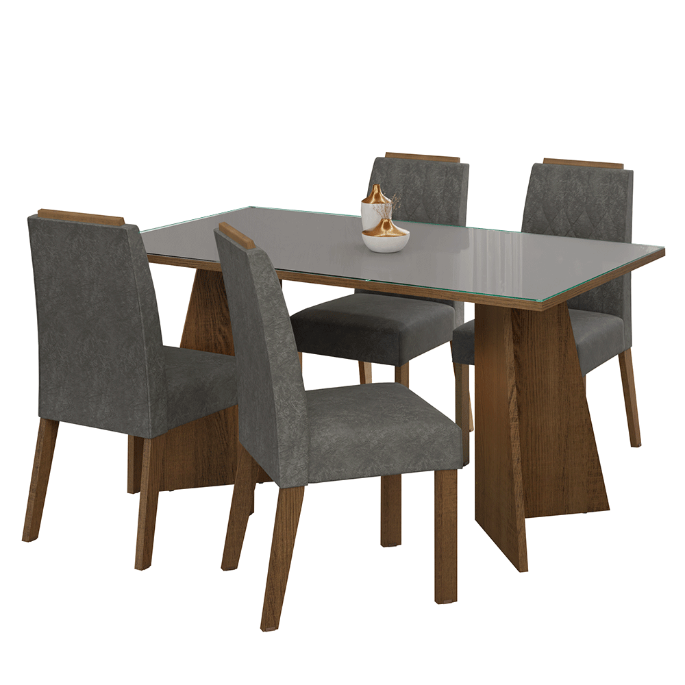 Juego de Comedor Porto con 4 Sillas - Tablero de Madera y Cristal Marrón/Gris/Plateado