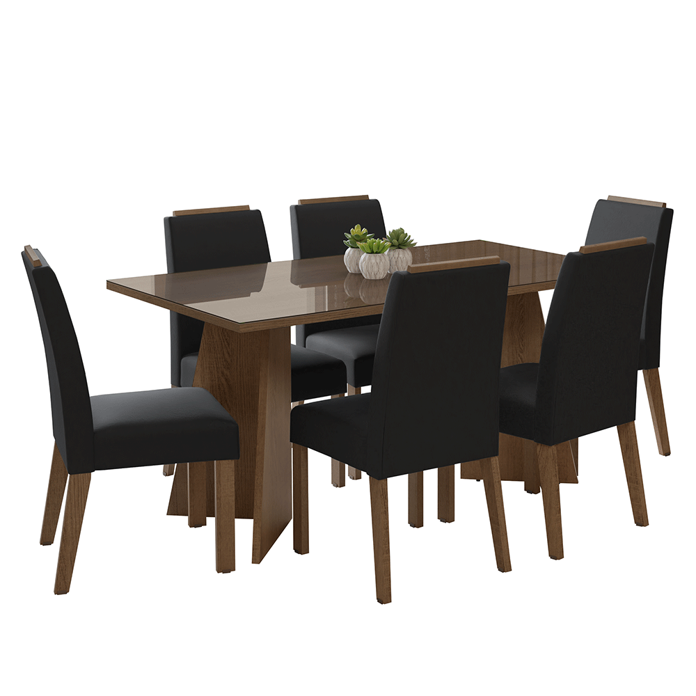Juego de Comedor Madrid con 6 Sillas - Tablero de Madera y Cristal Marrón/Oxford