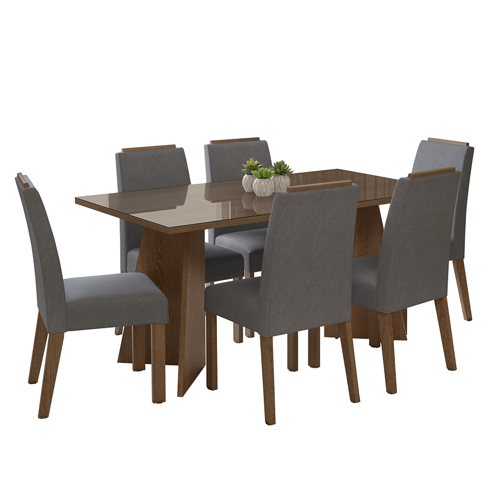 Juego de Comedor Madrid con 6 Sillas - Tablero de Madera y Cristal Marrón/Plateado