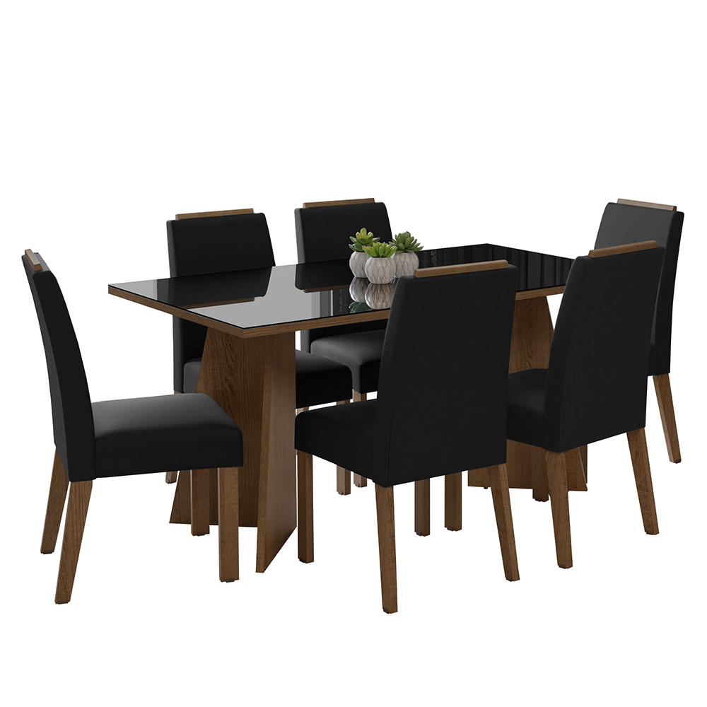 Juego de Comedor Madrid con 6 Sillas - Tablero de Madera y Cristal Marrón/Negro/Oxford